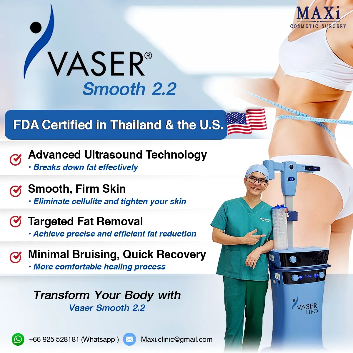 Medical professional performing VASER liposuction using ultrasound-assisted technology in Thailand, Dr.kanit Vaser Liposuction in thailand