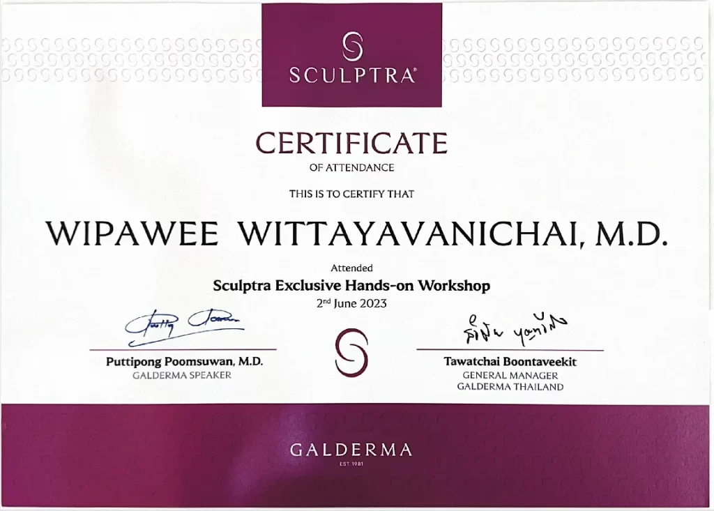 ใบประกาศนียบัตรอบรม Sculptra Exclusive Hands-on Workshop โดย Galderma ของ พญ. วิภาวี วิทยาวาณิชย์